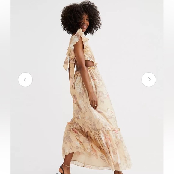 H&M Cut Out V-Neck Frill Flowy Back Tie Floral Draping Maxi Dress Size Small - Picture 6 of 13